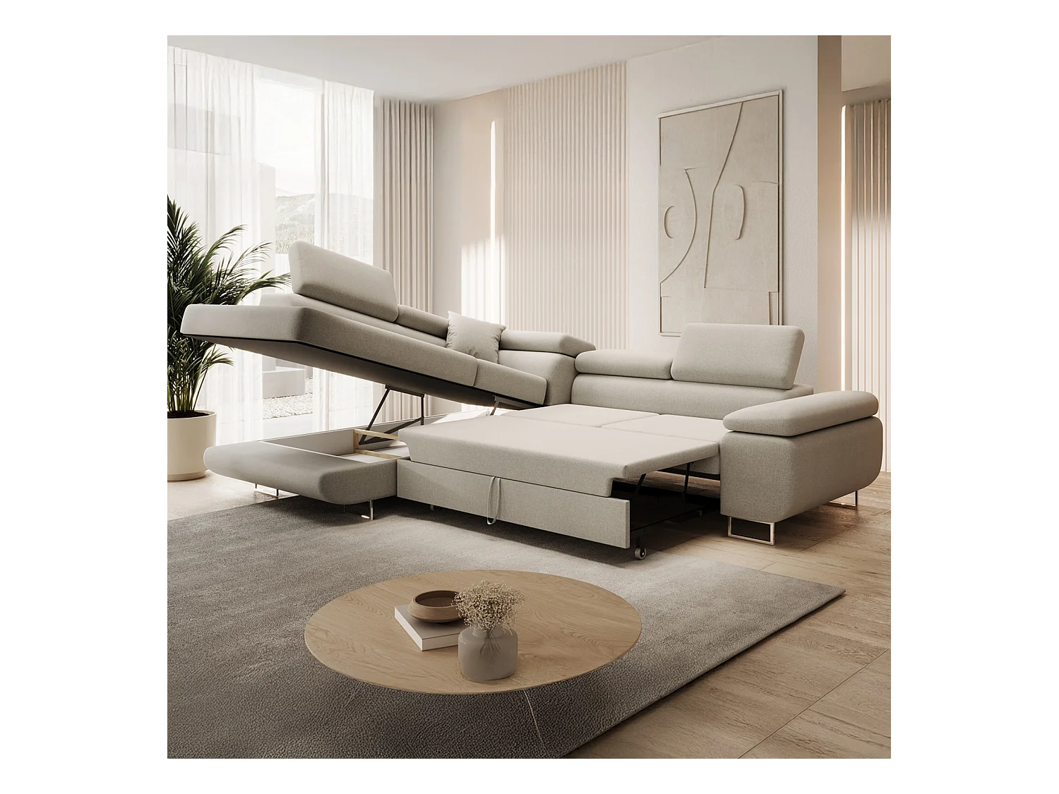 Canapé d'angle gauche convertible Marius tissu Beige