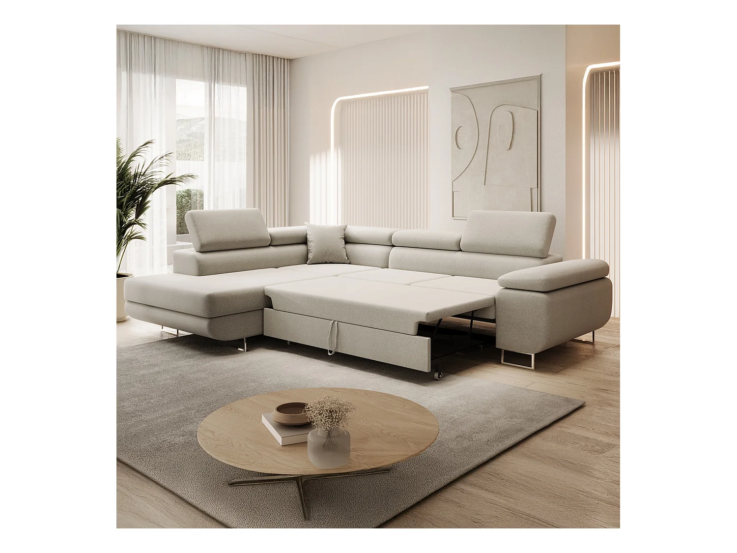 Canapé d'angle gauche convertible Marius tissu Beige
