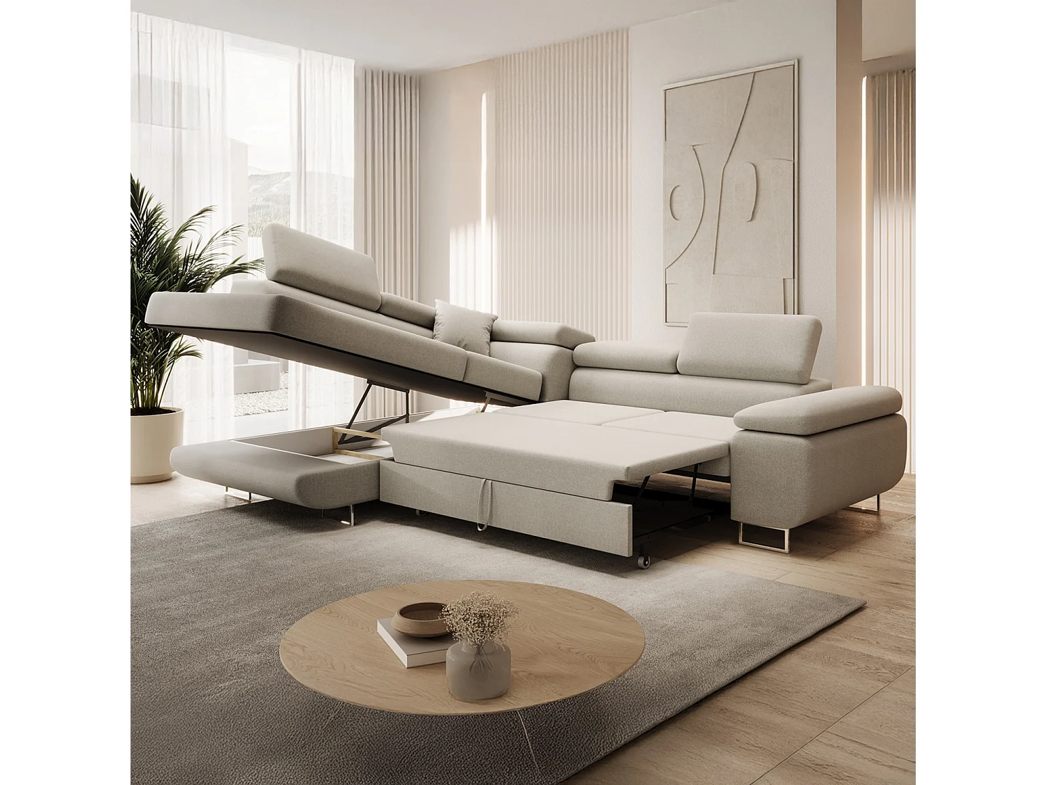 Canapé d'angle gauche convertible Marius tissu Beige