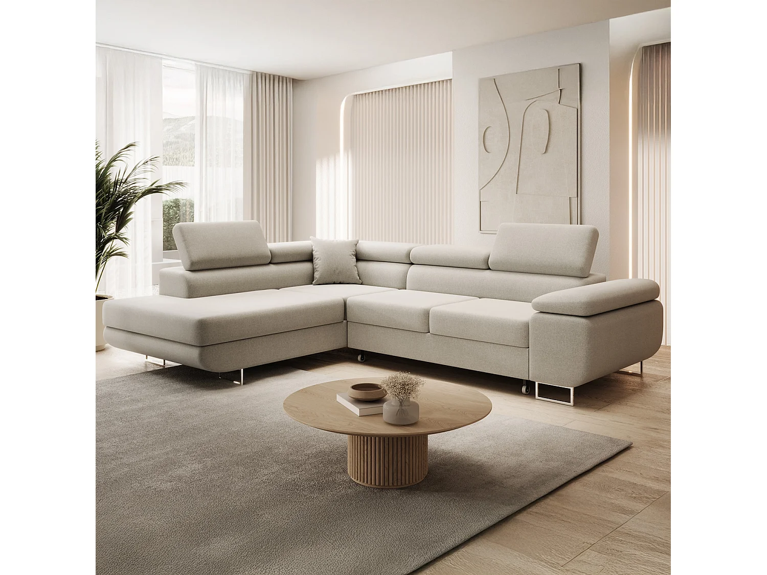 Canapé d'angle gauche convertible Marius tissu Beige