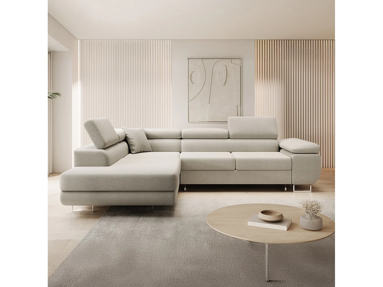 Canapé d'angle gauche convertible Marius tissu Beige