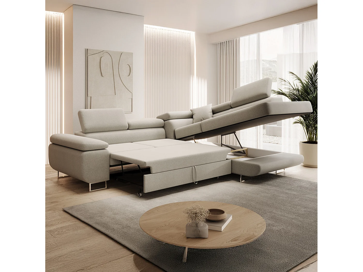 Canapé d'angle gauche convertible Marius tissu Beige