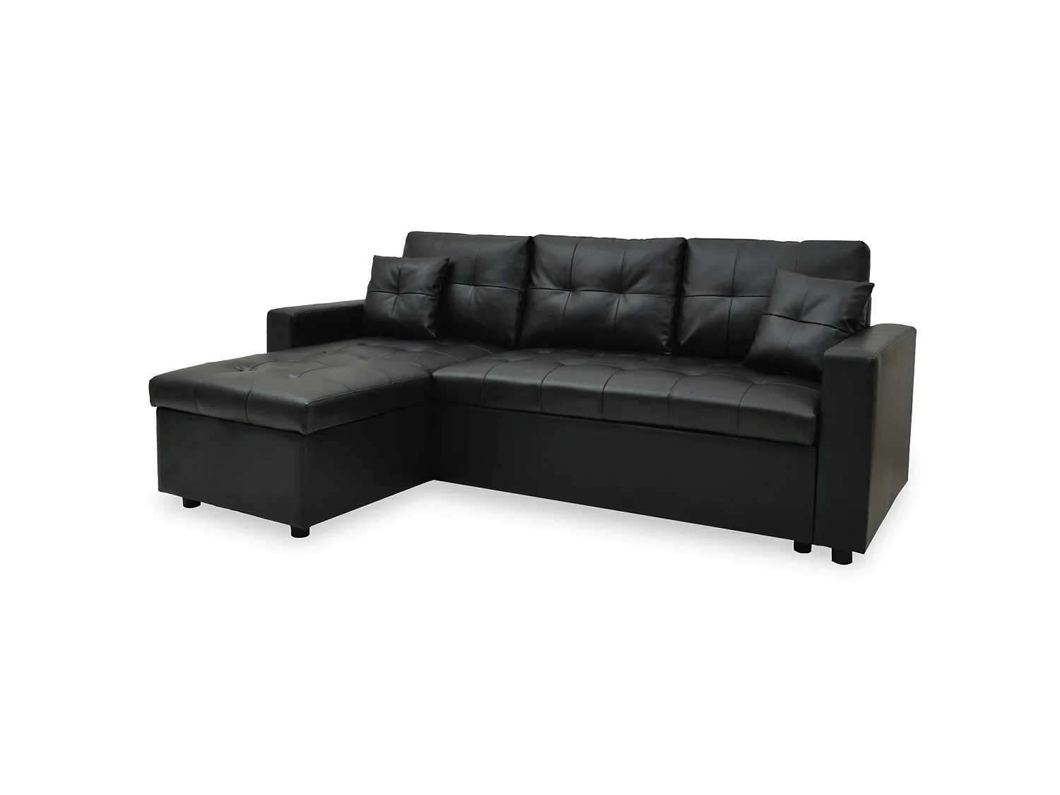 Canapé d'angle convertible 5 places en simili cuir capitonné noir