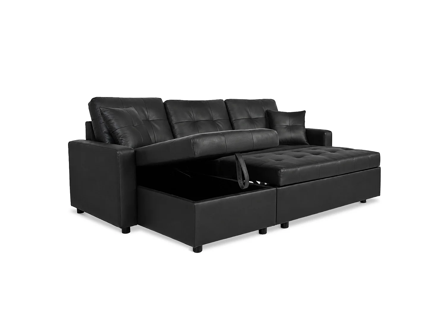 Canapé d'angle convertible 5 places en simili cuir capitonné noir