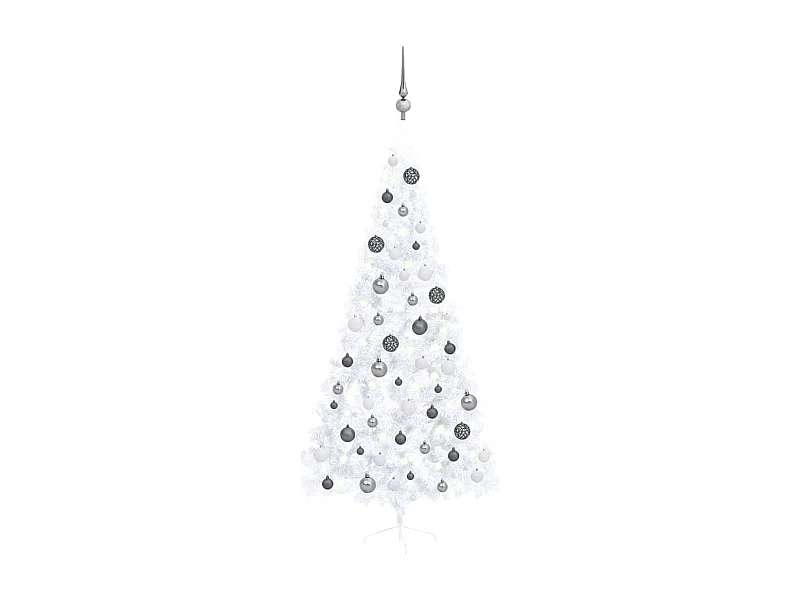 Mezzo albero di Natale artificiale preilluminato e palline bianche 210 cm