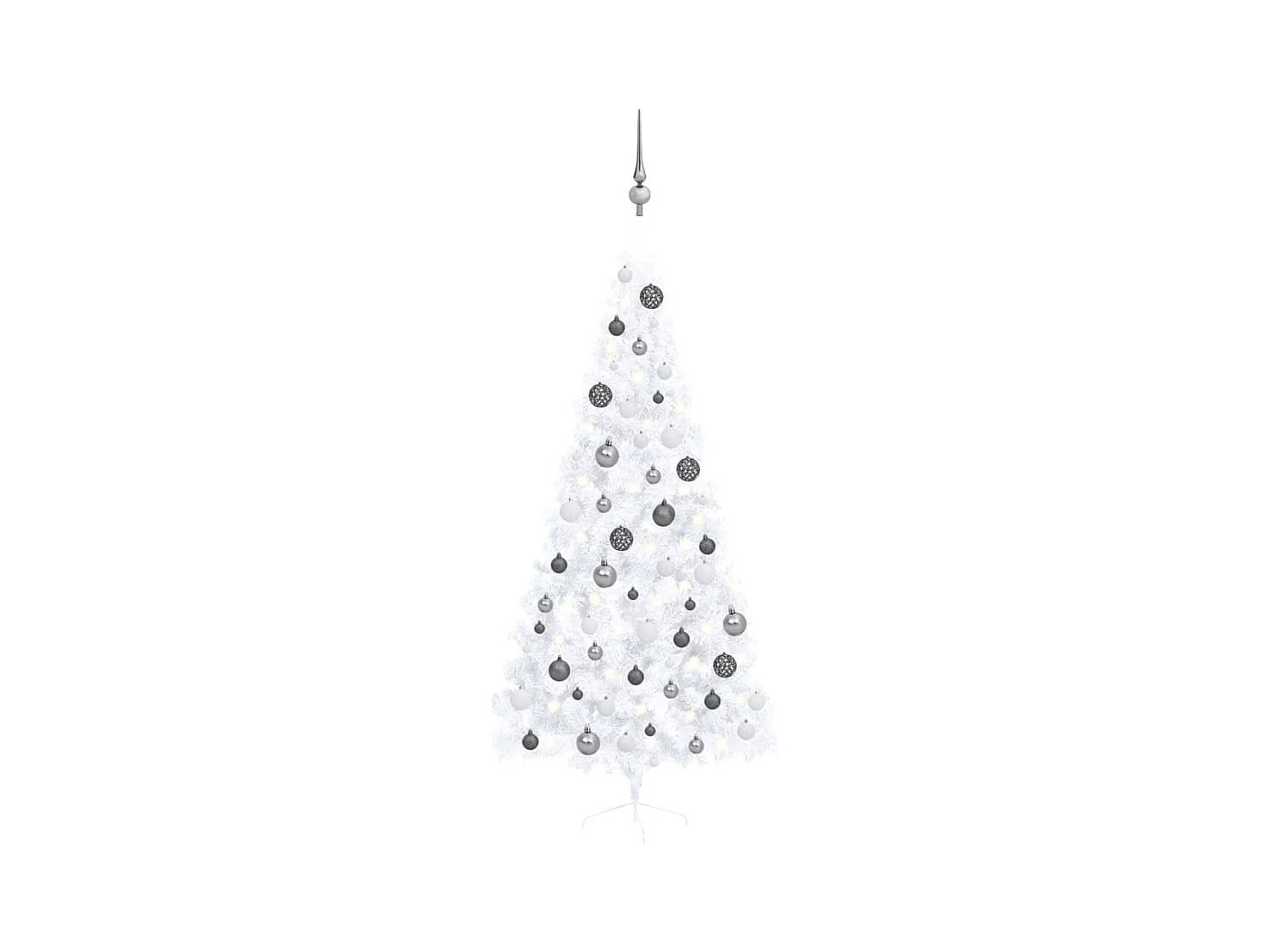 Mezzo albero di Natale artificiale preilluminato e palline bianche 210 cm