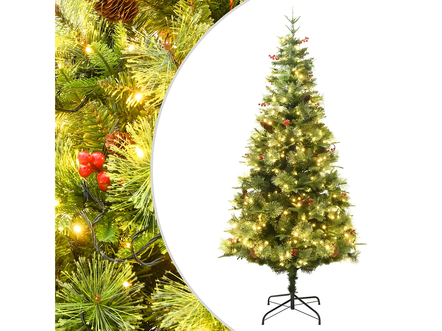 Vorbeleuchteter Weihnachtsbaum und grüne Tannenzapfen, 150 cm, PVC und PE