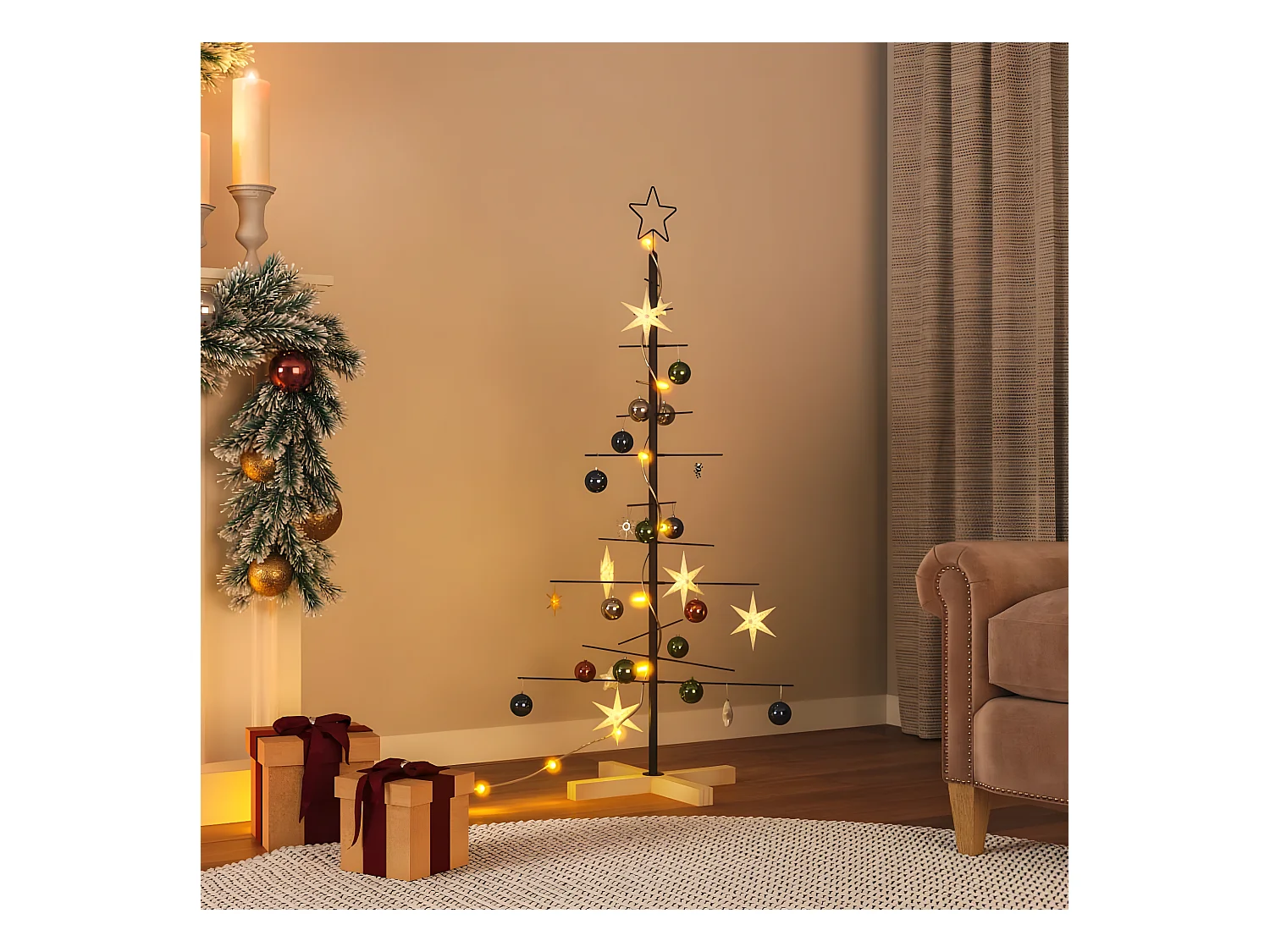 Árbol de Navidad de metal con base de madera negra 120 cm