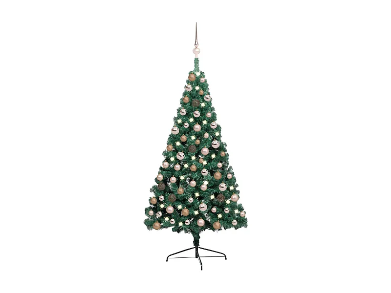 Mezzo albero di Natale artificiale preilluminato e palline verdi 120 cm