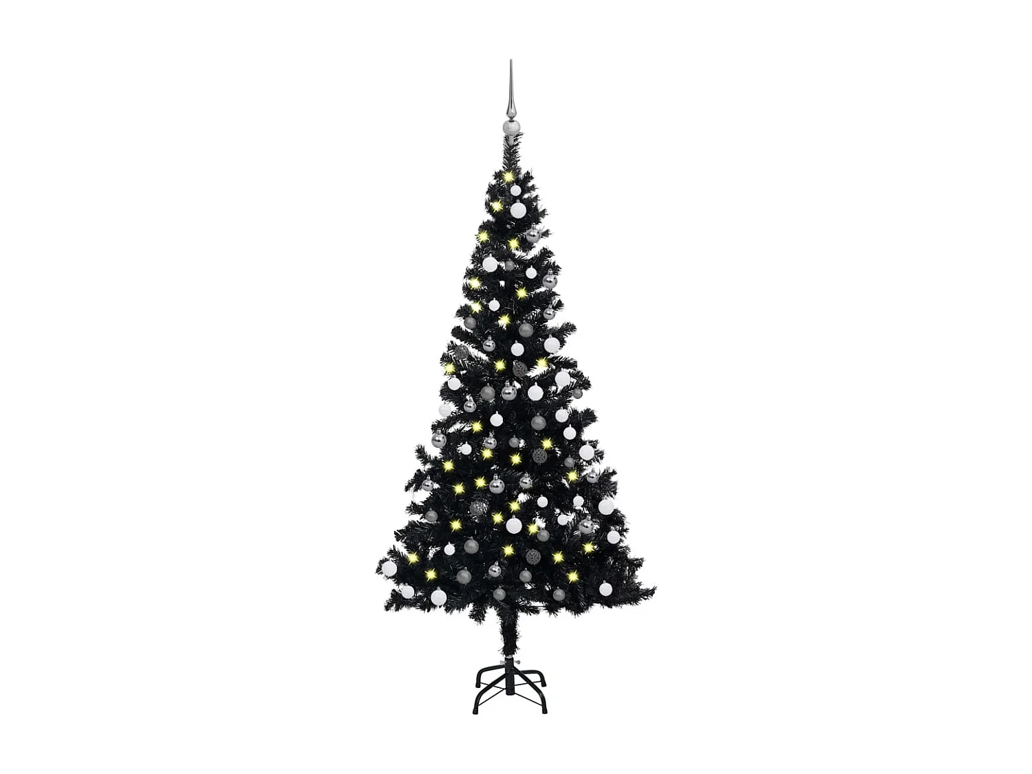 Árvore de Natal artificial pré-iluminada e bugigangas pretas em PVC de 150 cm
