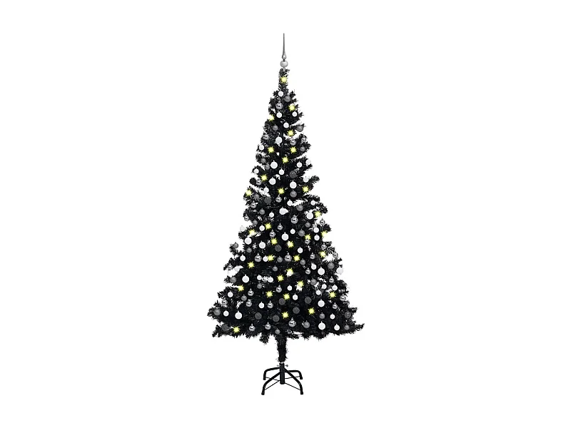Albero di Natale artificiale preilluminato e palline nere 210 cm in PVC