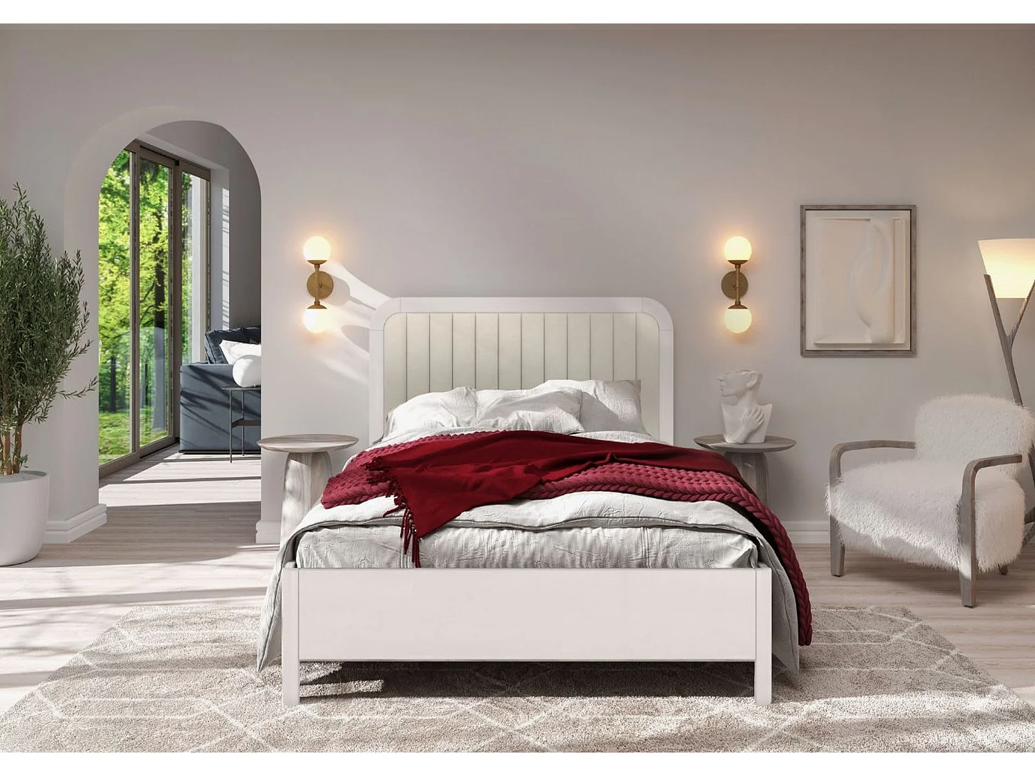 Lit de tapissier en bois de hêtre MODENA avec une tête de lit haute / 160 x2 00 cm, couleur blanche, tête de lit Casablanca 2301