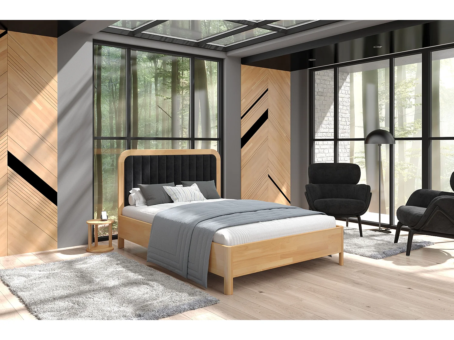 Lit de tapissier en bois de hêtre MODENA avec une tête de lit haute / 160x200 cm, couleur naturelle, tête de lit Casablanca 2316