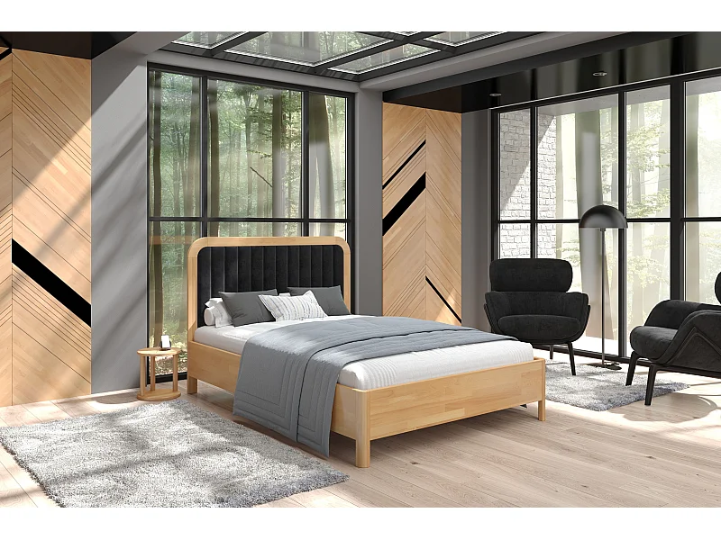 Massivholzbett Modena, gepolstertes kopfteil, buche - lackiert, naturfarben/schwarz, 160x200