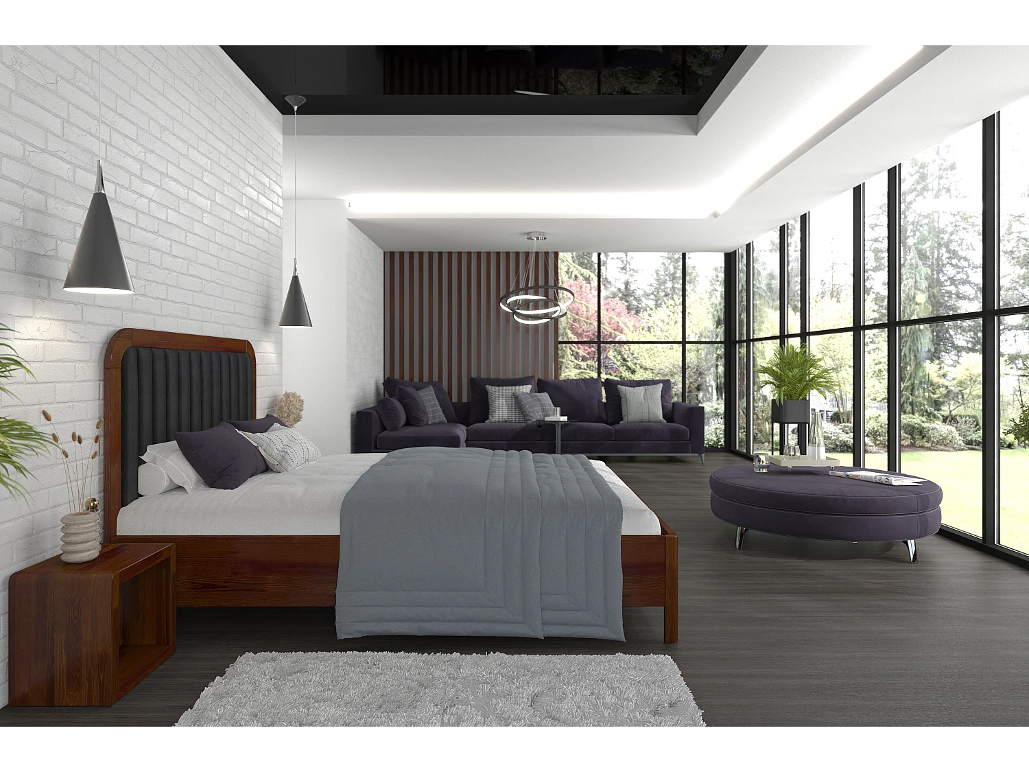 Massivholzbett Modena, gepolstertes kopfteil, buche - lackiert, nussbaumfarbe/schwarz, 160x200