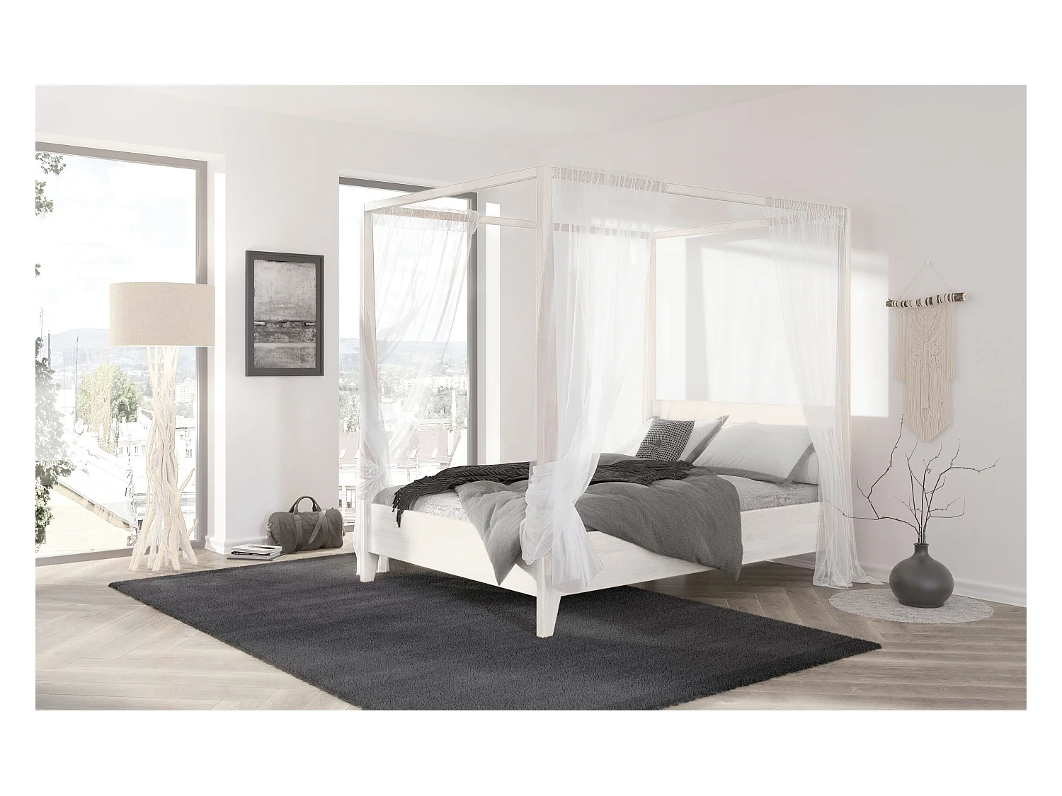 Bett aus Buchenholz mit Himmelbett CANOPY / 160 x 200 cm, weiß