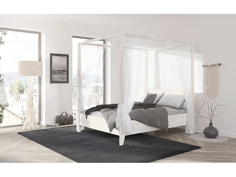 Lit en bois de hêtre avec baldaquin CANOPY / 160 x 200 cm, couleur blanche