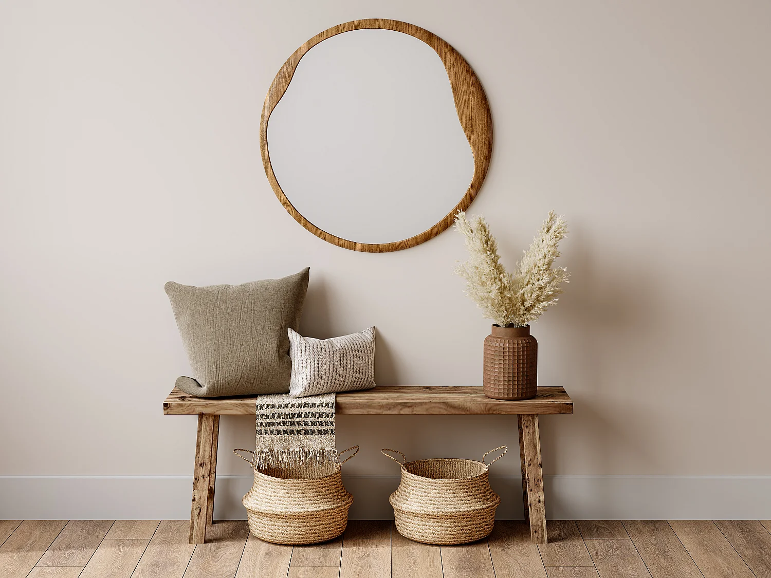 Miroir rond en bois d'hévéa - D. 60 cm - Naturel - FUJIAN