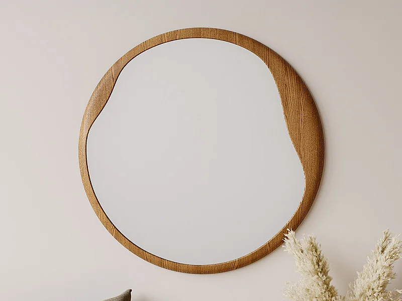 Miroir rond en bois d'hévéa - D. 60 cm - Naturel - FUJIAN