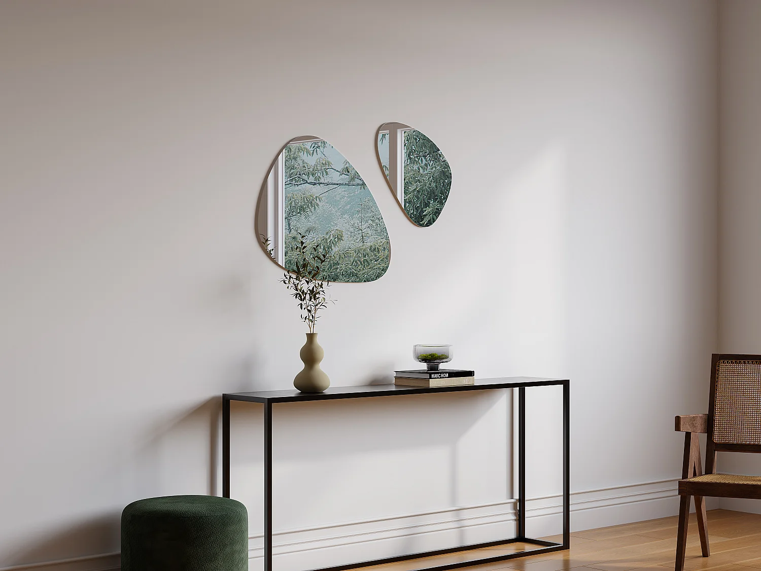 Lot de 2 miroirs muraux organiques sans cadre - L. 65 x H. 55 cm et L. 40 x H. 41 cm - YULIMI