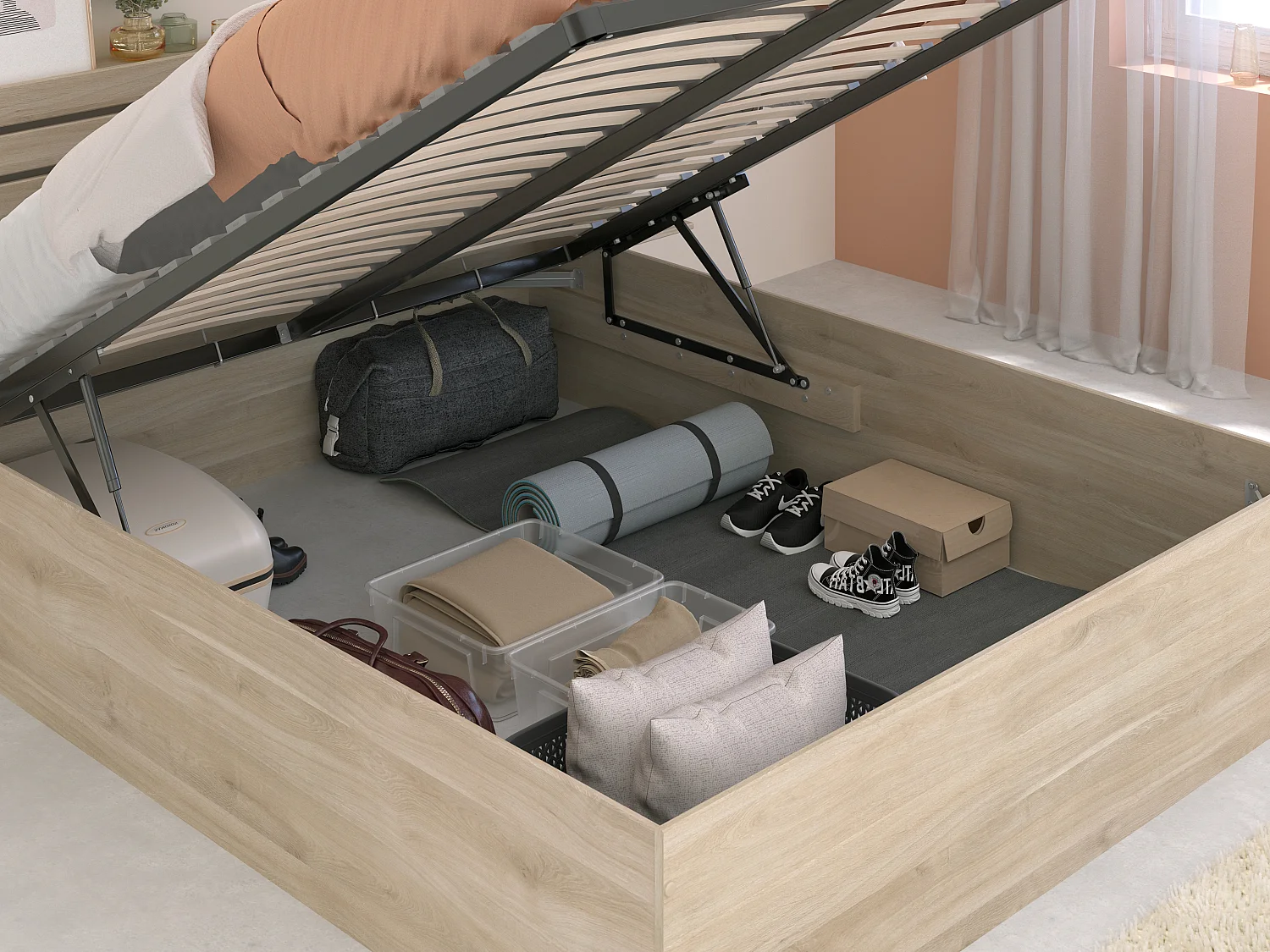 Lit coffre 160 x 200 cm avec rangements - Coloris : Naturel - TENALIA III