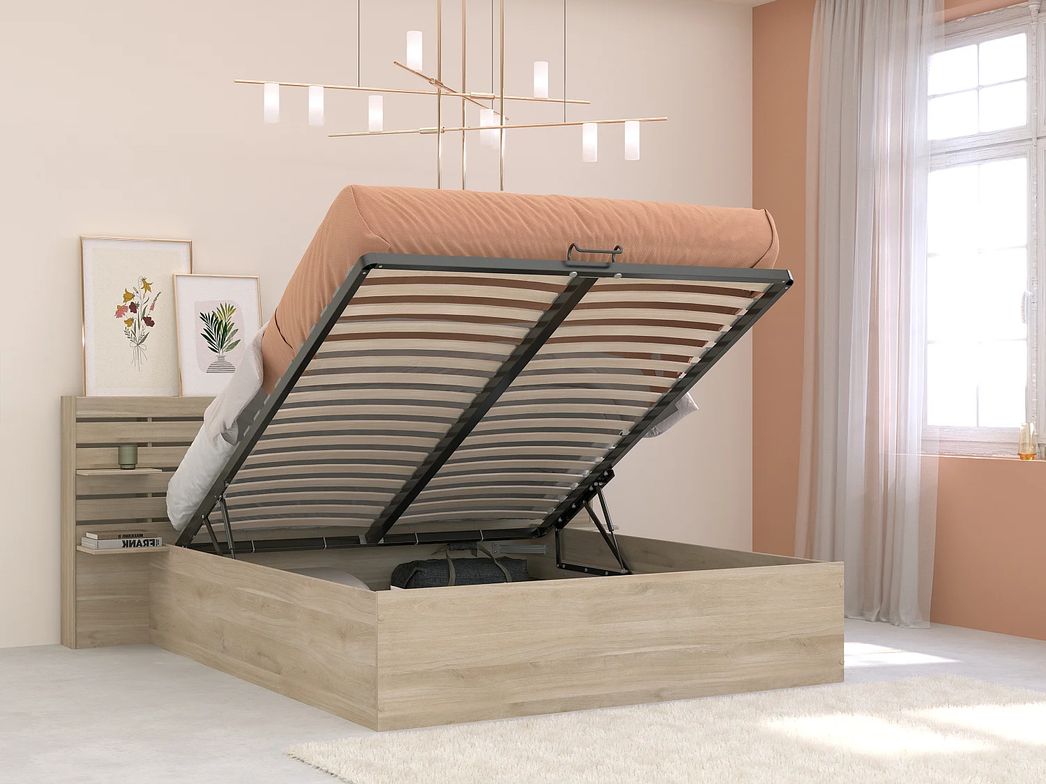 Lit coffre 160 x 200 cm avec rangements - Coloris : Naturel - TENALIA III