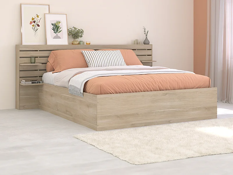 Canapé abatible de 160 x 200 cm con compartimentos de almacenamiento - Color: Natural + Colchón - TENALIA III