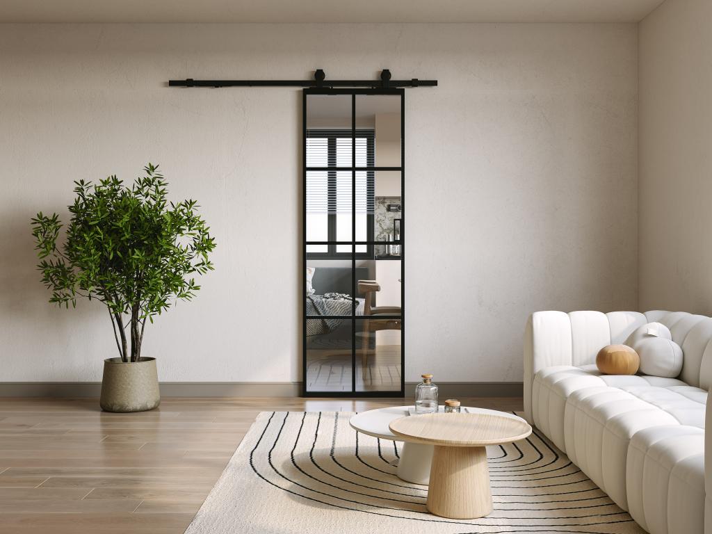 Porte coulissante avec système en applique - aluminium et verre trempé - H205 x L93 cm - WILDEN II