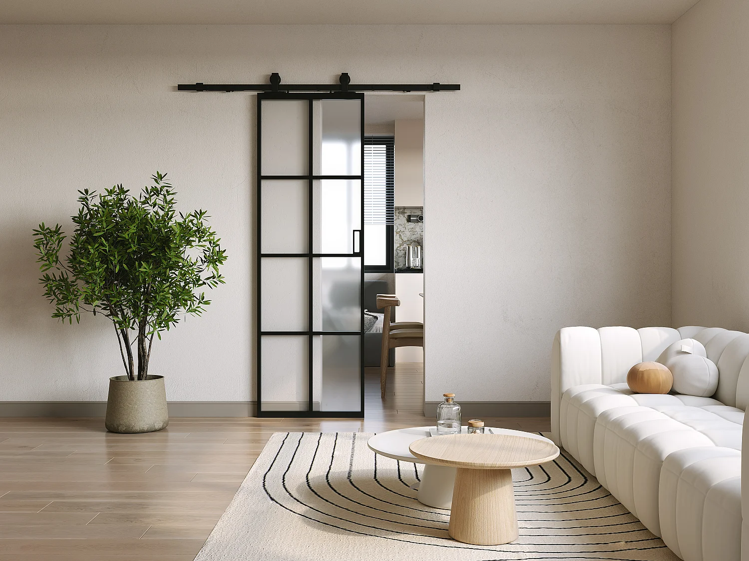 Porte coulissante avec système en applique - aluminium et verre trempé dépoli - H205 x L93 cm - WILDEN II