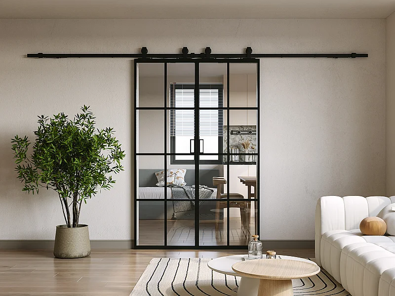 Porte coulissante double avec système en applique - aluminium et verre trempé - 2 x H205 x L63 cm - WILDEN II