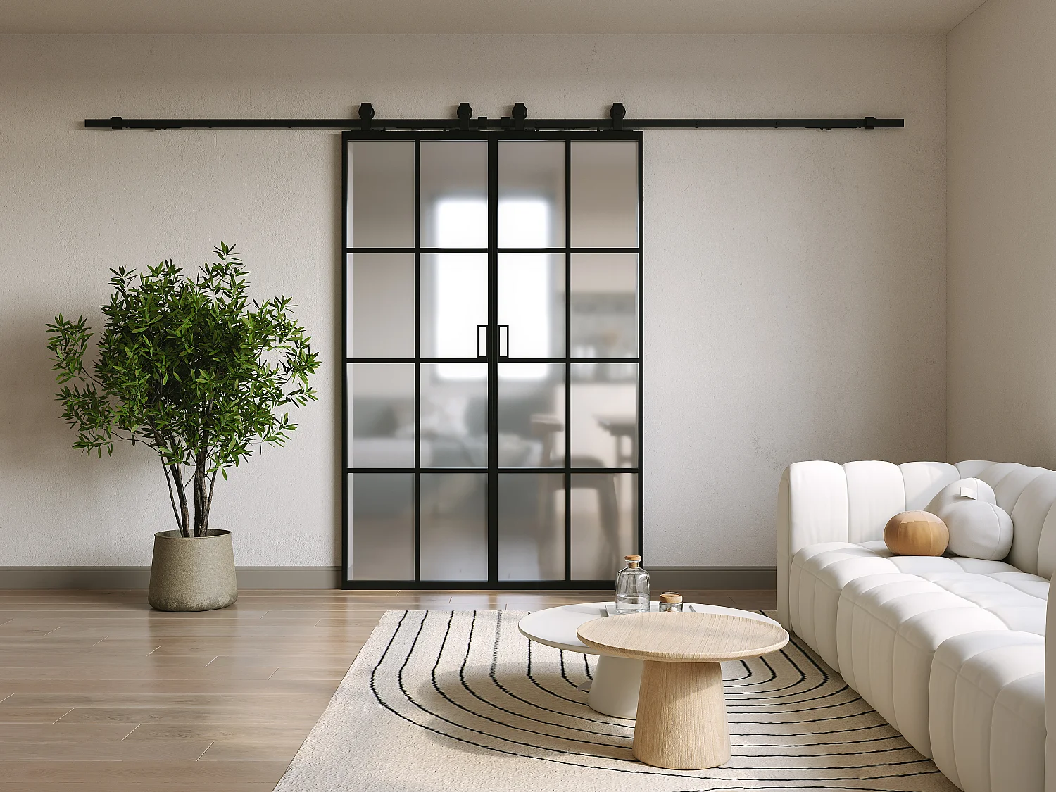 Porte coulissante double avec système en applique - aluminium et verre trempé dépoli - 2 x H205 x L83 cm - WILDEN II