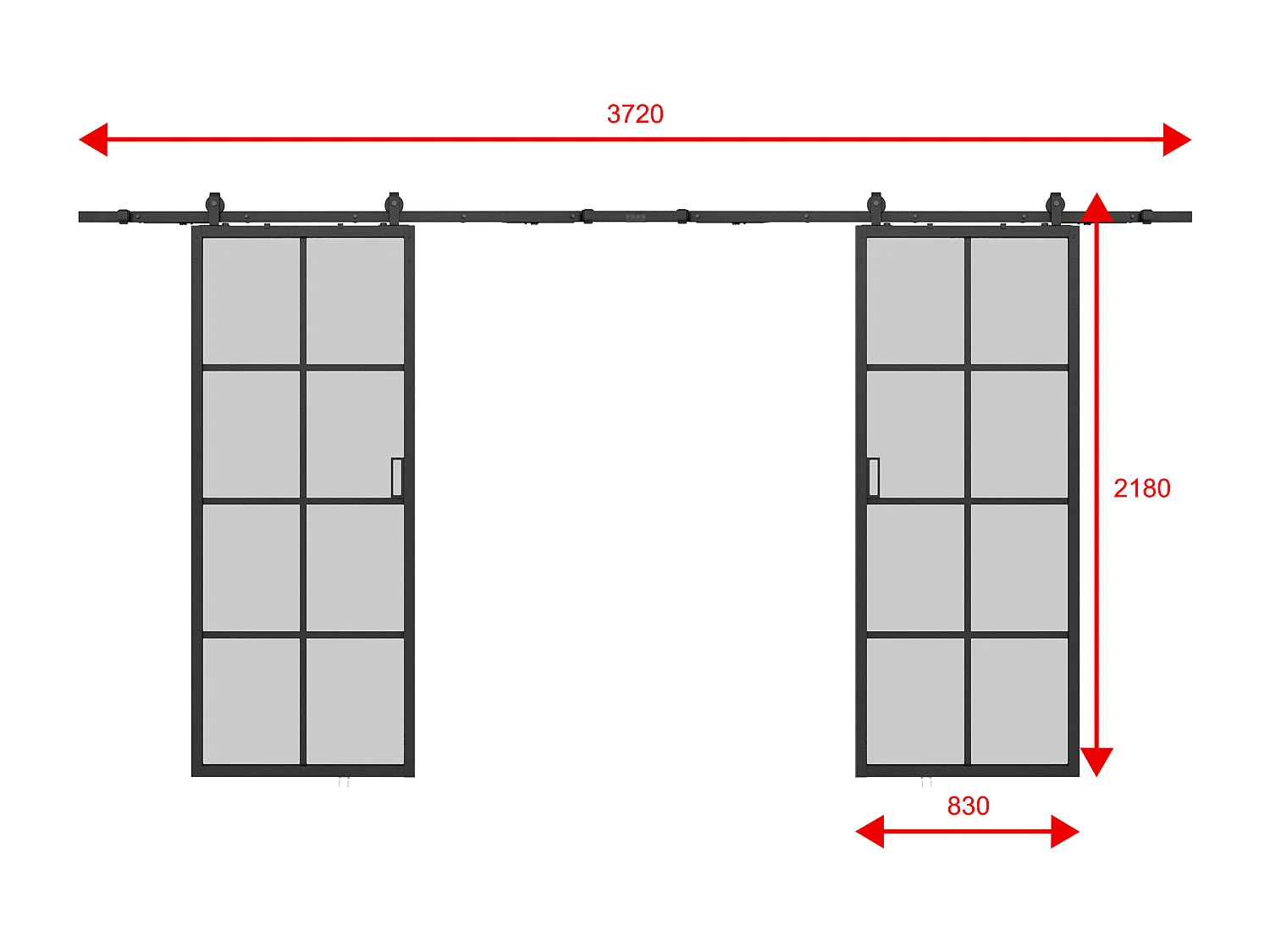 Dubbele hangende schuifdeur met opbouwsysteem - Aluminium en mat gehard glas - 2 x H205 x L83 cm - WILDEN II