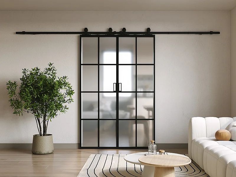 Porte scorrevole doppia esterno muro 2 x H205 x L93 cm Alluminio e Vetro temperato smerigliato - WILDEN II