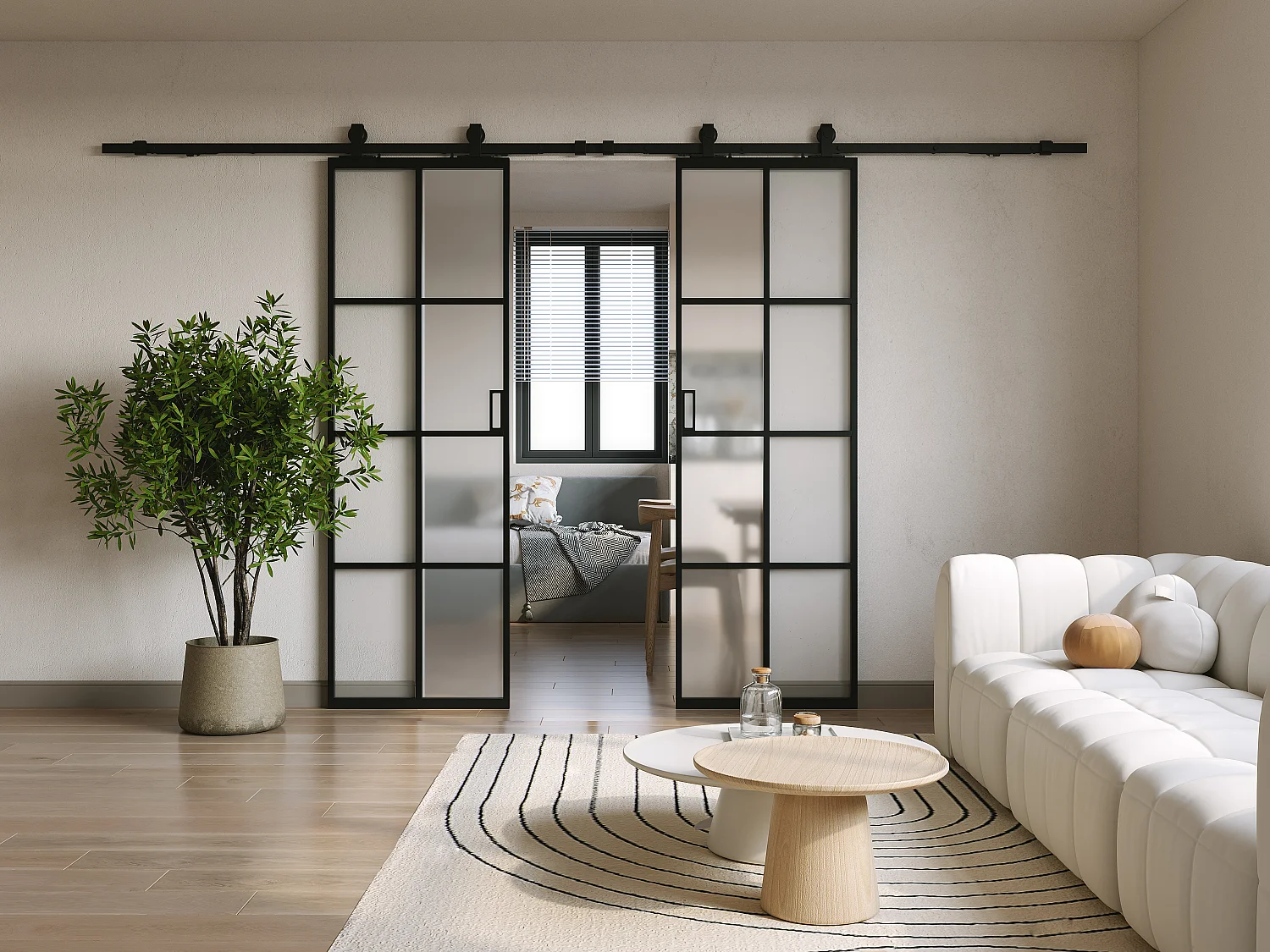 Dubbele hangende schuifdeur met opbouwsysteem - Aluminium en mat gehard glas - 2 x H205 x L93 cm - WILDEN II