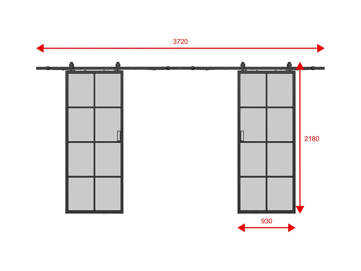 Dubbele hangende schuifdeur met opbouwsysteem - Aluminium en mat gehard glas - 2 x H205 x L93 cm - WILDEN II