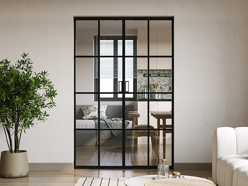 Dubbele schuifdeur met klamplaagsysteem in aluminium en gehard glas - 2 x H205 x L73 cm - WILDEN II