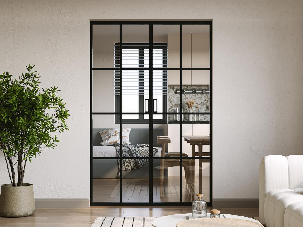 Porte coulissante double avec système à galandage en aluminium et verre trempé - 2 x H205 x L83 cm - WILDEN II