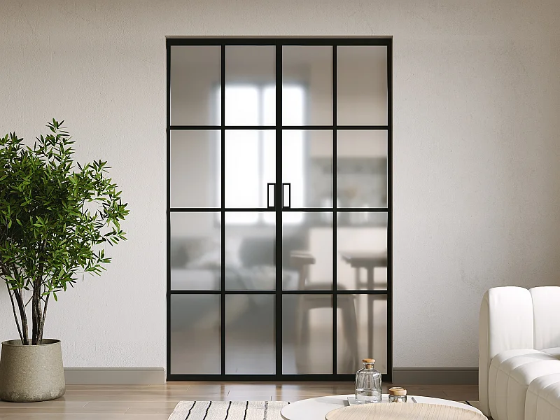 Drzwi przesuwne podwójne chowane w ścianie z aluminium i matowego szkła hartowanego - 2 x wys. 205 x szer. 83 cm - WILDEN II