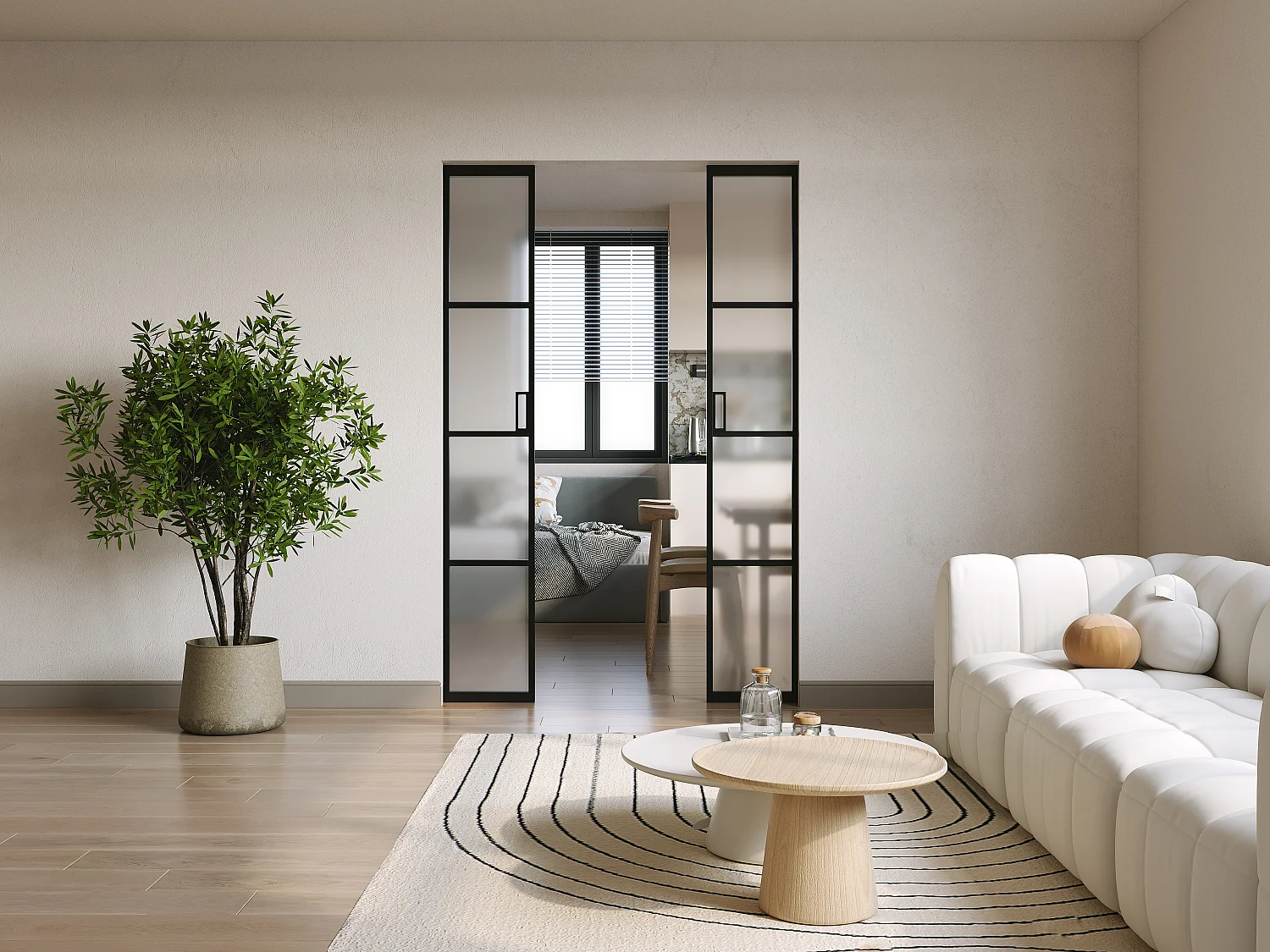 Porta de correr dupla com sistema de tabique alumínio e vidro temprado fosco 2 x A205 x C93 cm - WILDEN II