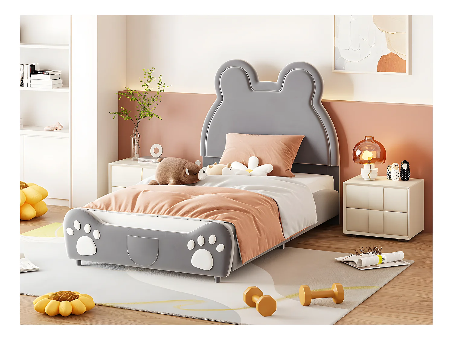 Lit enfant 90 x 200 cm - en forme d'ours - tissu en velours - Gris