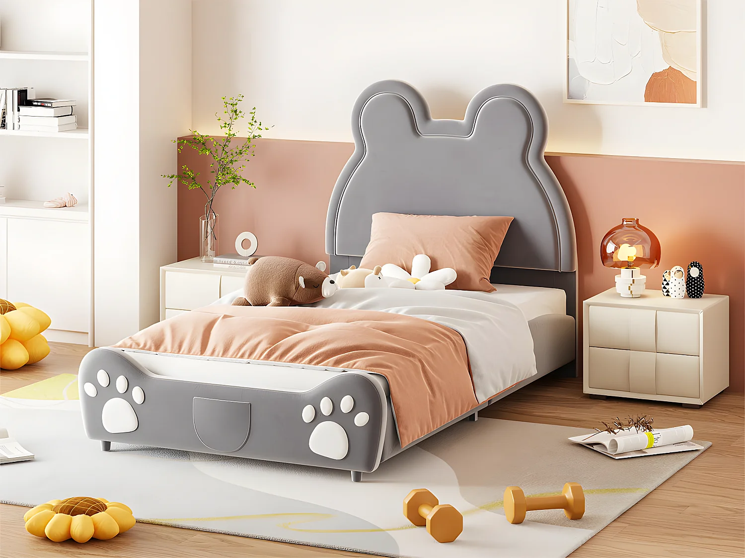 Kinderbett 90 x 200 cm – Bärenform – Samtstoff – Grau