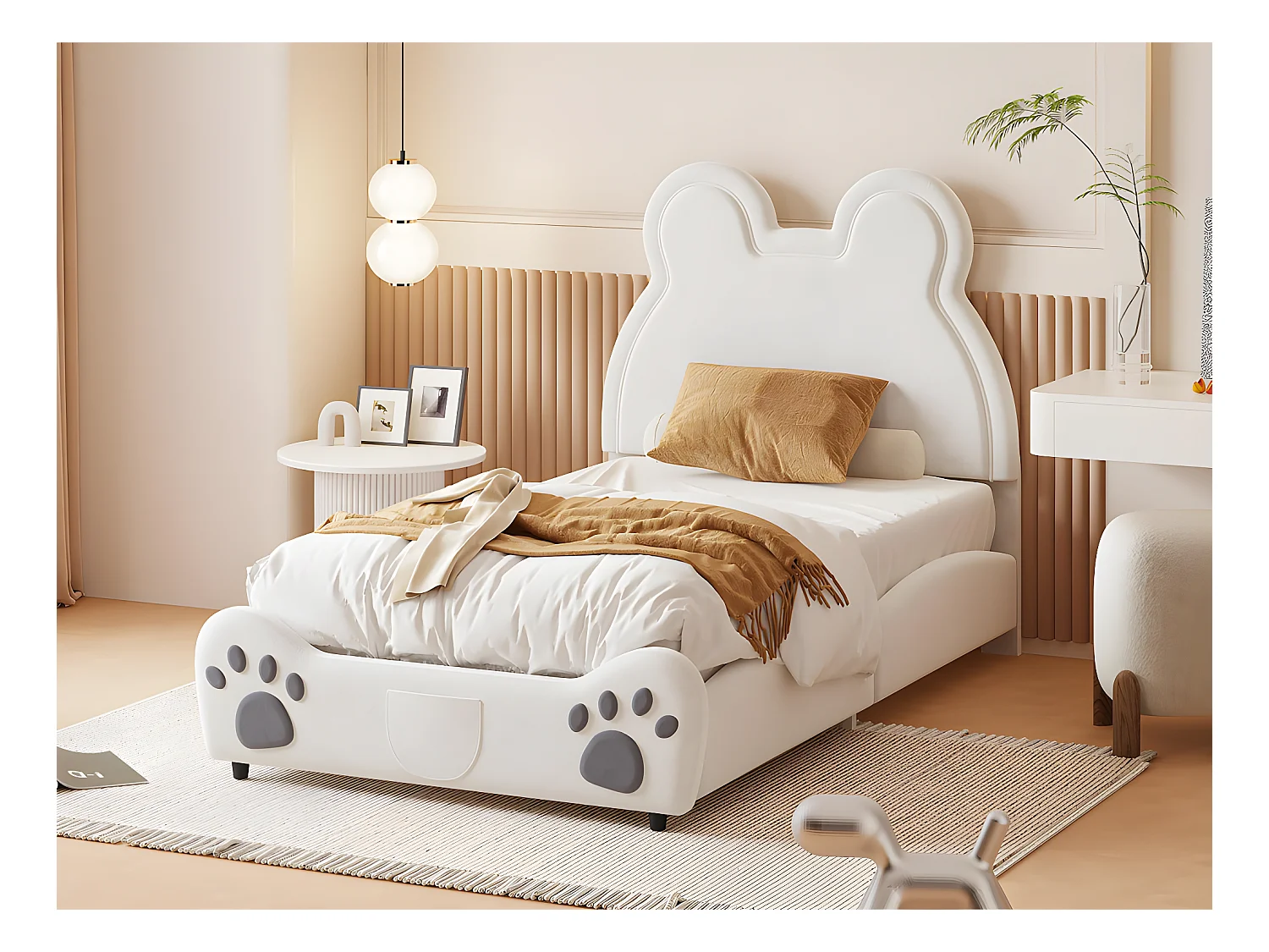 Lit enfant 90 x 200 cm - en forme d'ours - tissu en velours - Beige
