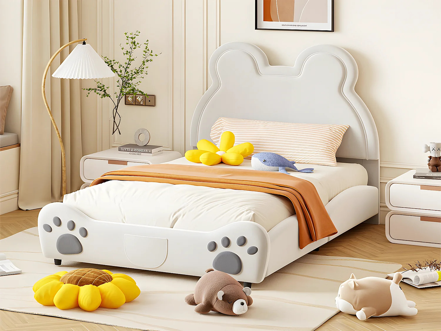 Lit enfant 140 x 200 cm - en forme d'ours - tissu en velours - Beige