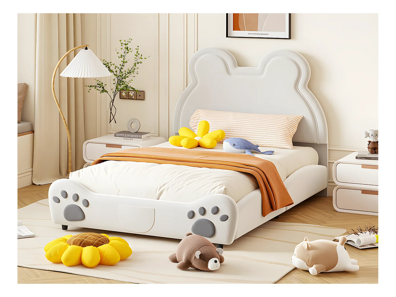 Lit enfant 140 x 200 cm - en forme d'ours - tissu en velours - Beige