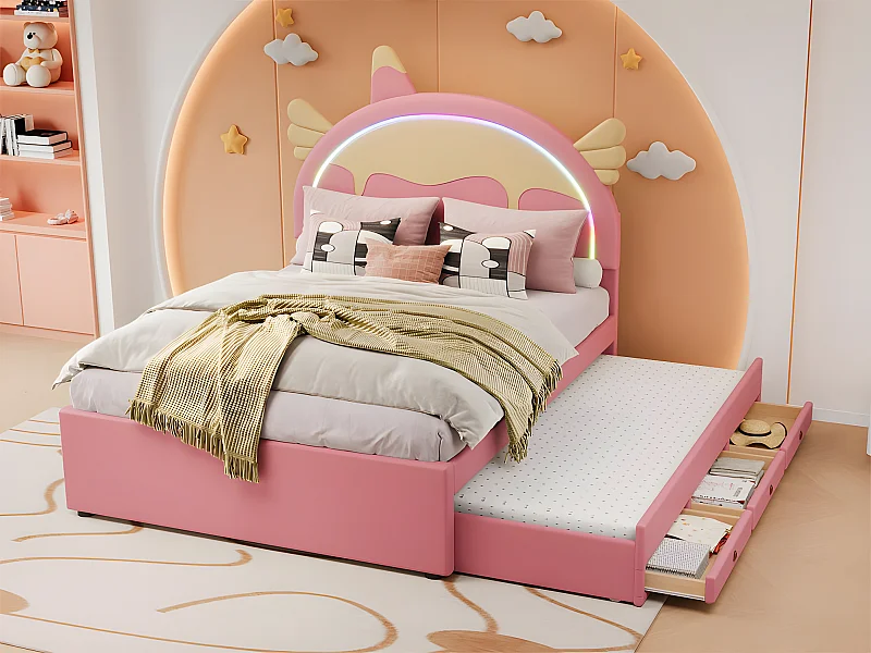 Lit enfant 140x200cm avec un lit gigogne 90x190cm - tête de lit en forme de licorne avec LED - en similicuir - Rose