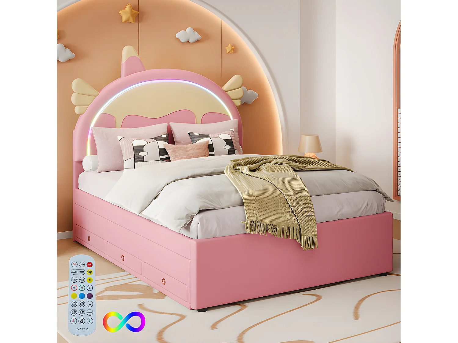 Letto per bambini 140x200 cm con letto estraibile 90x190 cm - testiera a forma di unicorno con LED - in similpelle - Rosa