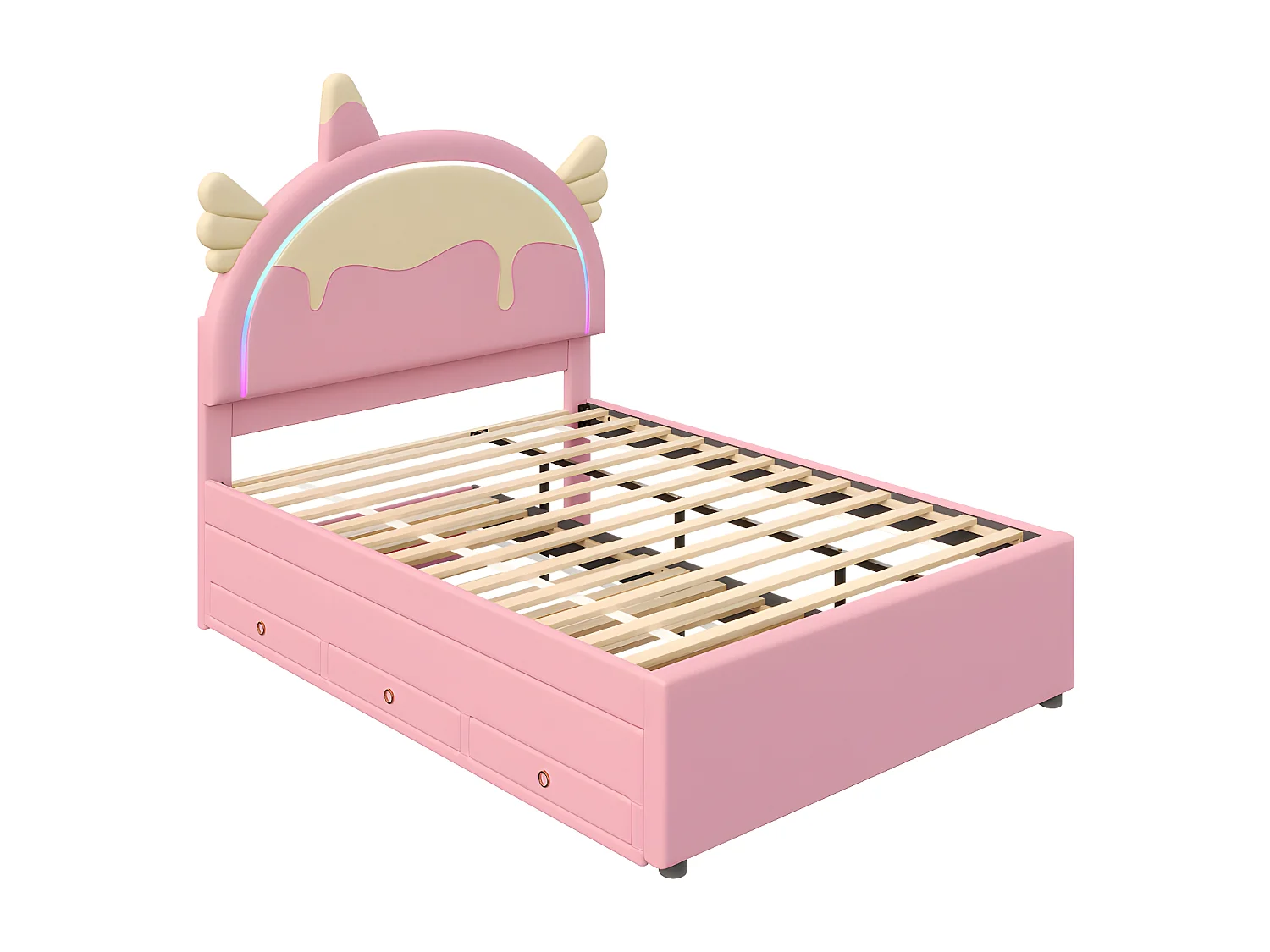 Letto per bambini 140x200 cm con letto estraibile 90x190 cm - testiera a forma di unicorno con LED - in similpelle - Rosa