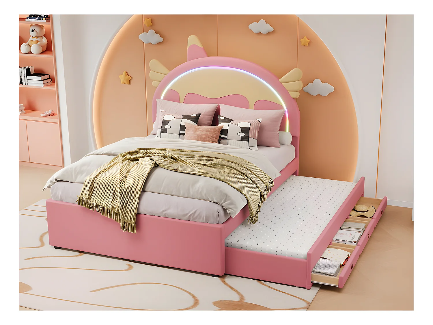 Lit enfant 140x200cm avec un lit gigogne 90x190cm - tête de lit en forme de licorne avec LED - en similicuir - Rose