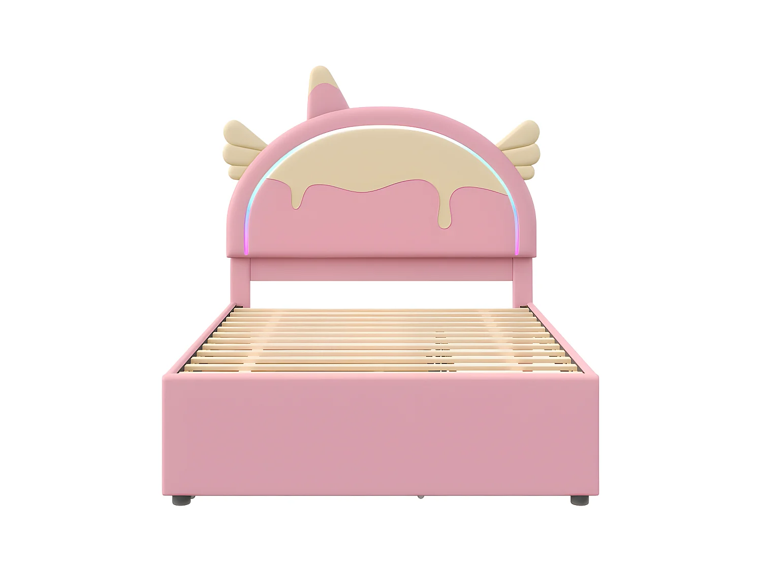 Kinderbett 140 x 200 cm mit Ausziehbett 90 x 190 cm – Kopfteil in Einhornform mit LED – aus Kunstleder – Rosa