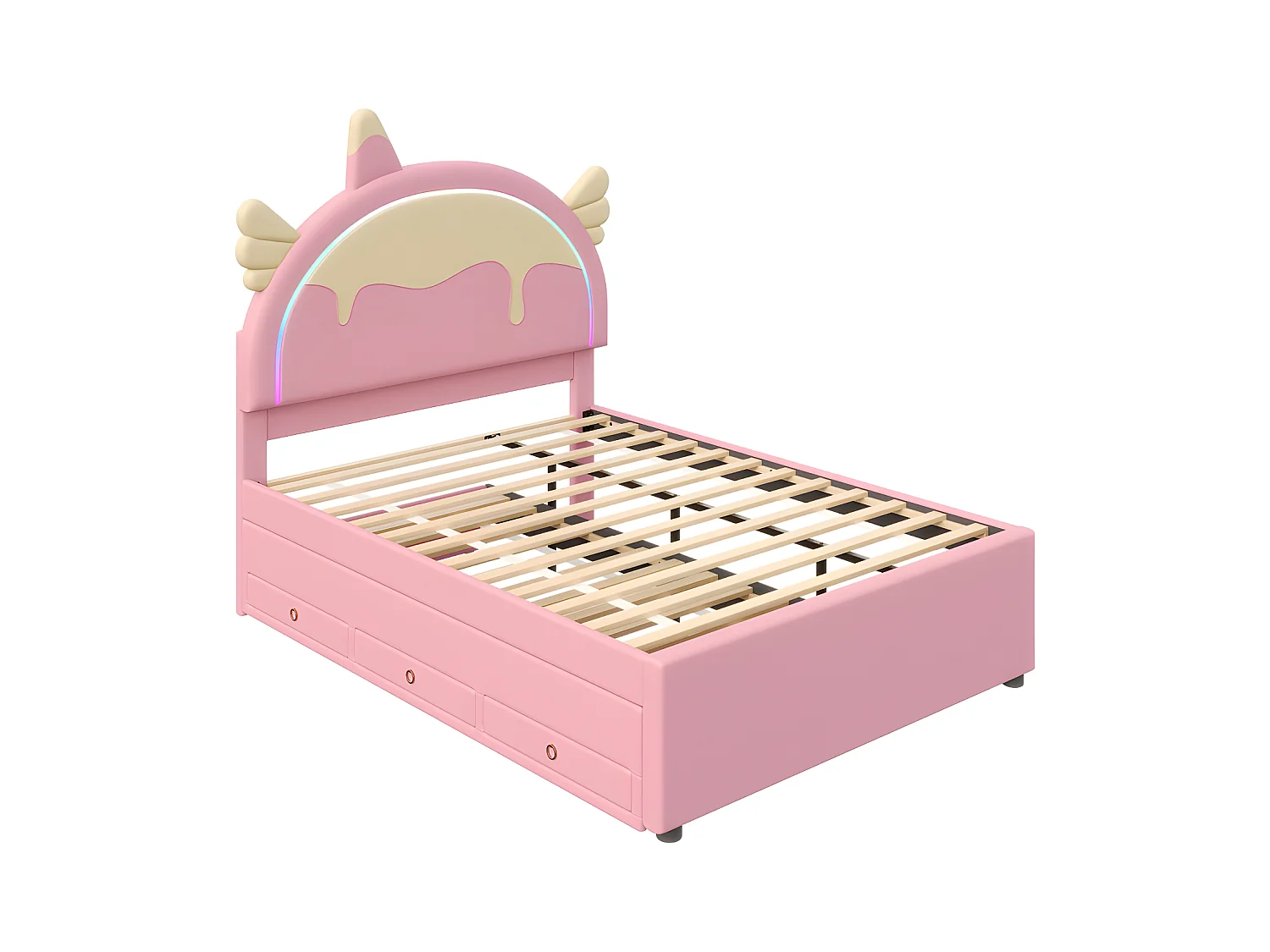 Kinderbett 140 x 200 cm mit Ausziehbett 90 x 190 cm – Kopfteil in Einhornform mit LED – aus Kunstleder – Rosa